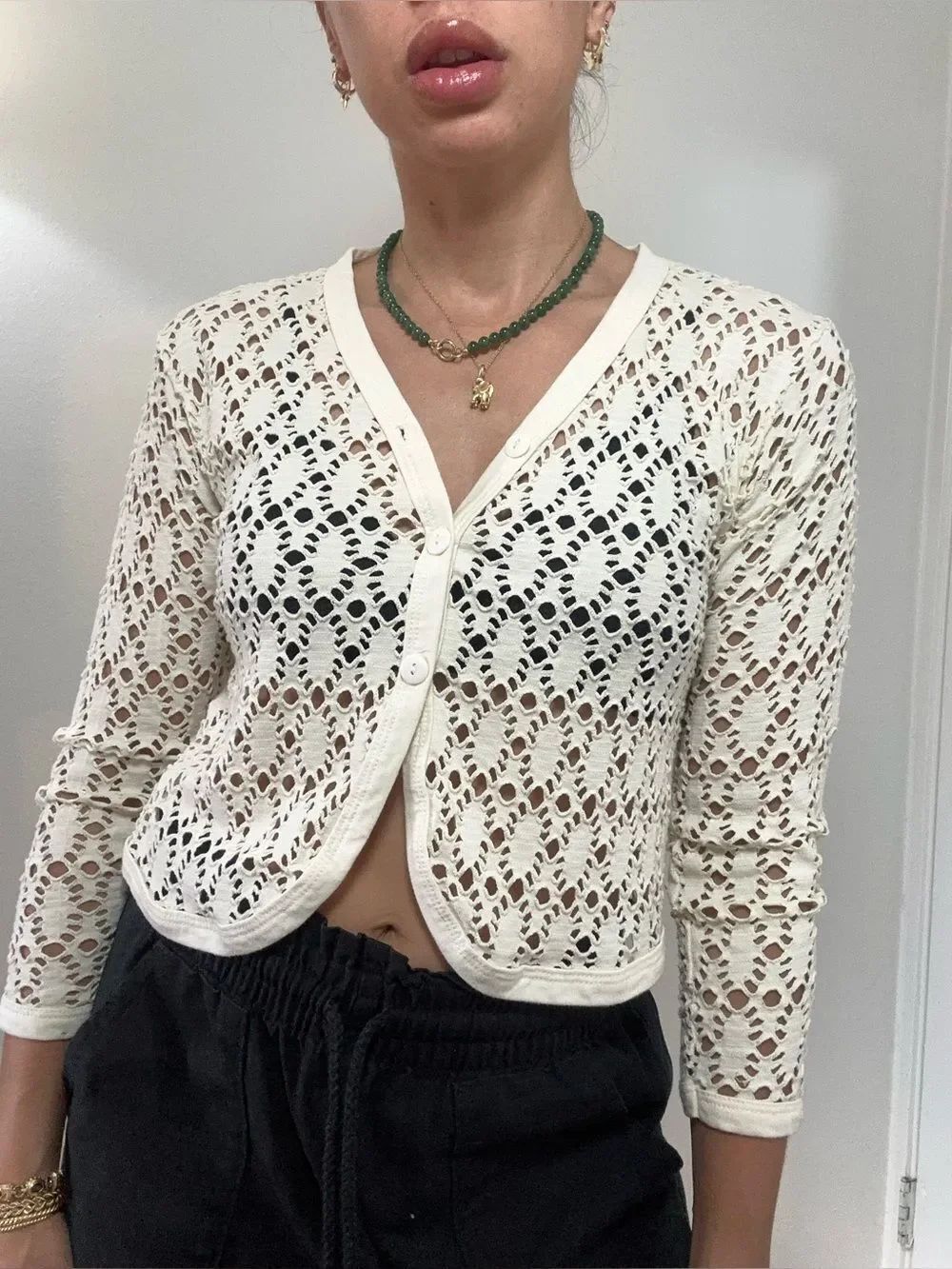 Vintage 70’s Cream Crochet Eyelet Button-Front Cropped Cardigan Size S